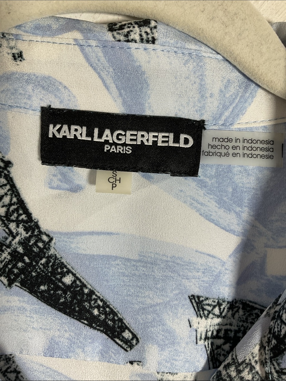 Karl Lagerfeld Paris Whimsical Eiffel Tower Roll-Tab Blouse Size S Blue - Picture 7 of 8